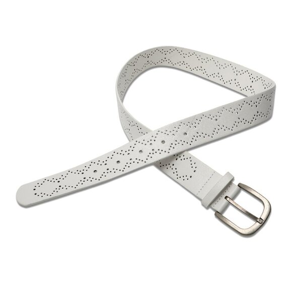 Faux Leather Perforated Die Cut Belt White Silver Buckle Retro Y2K - Picture 4 of 8